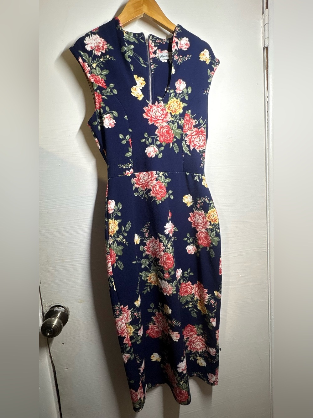Navy Floral Midi Dress with Cap Sleeves